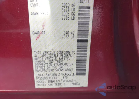 2014 Nissan Altima 2.5 Sv из США, поврежденный, VIN 1N4AL3AP1EN240621